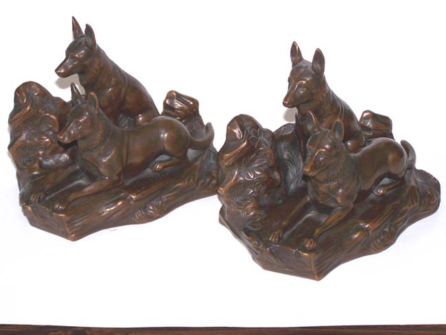 A fine pair of Antique Bookends by Jennings Brothers circa 1930 depicting a pair of German Sheppard dogs.